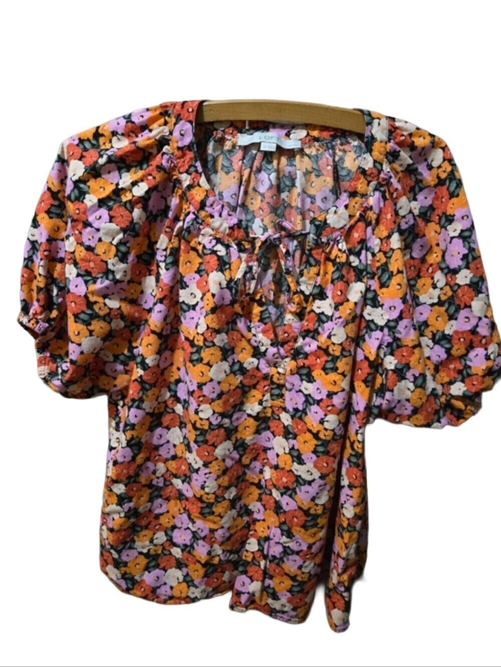LOFT Petite Floral Peasant Blouse LP Puff Sleeve Tie Neck Cottagecore Boho Top